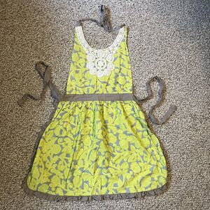 Boho Ruffle Apron Floral Crochet Lace Detail Green Gray Hippie Kitchen Festival